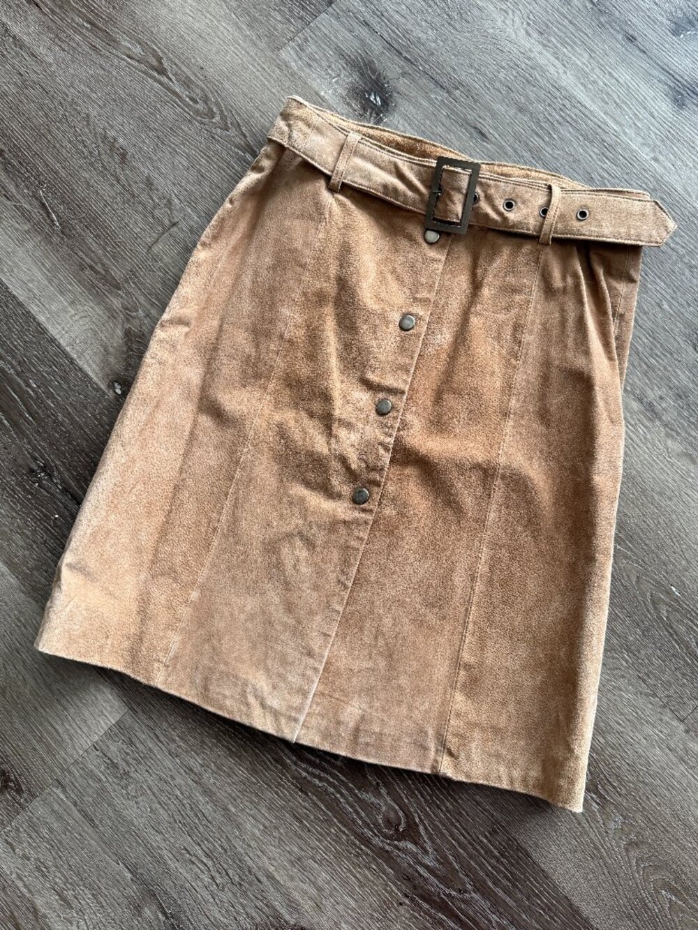 Vtg 90s Smart Set tan suede western belted button up a-line skirt / sz 7